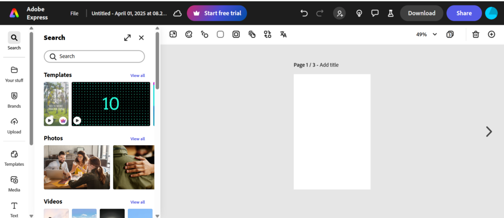 Canva vs Adobe Express. Adobe Express dashboard.