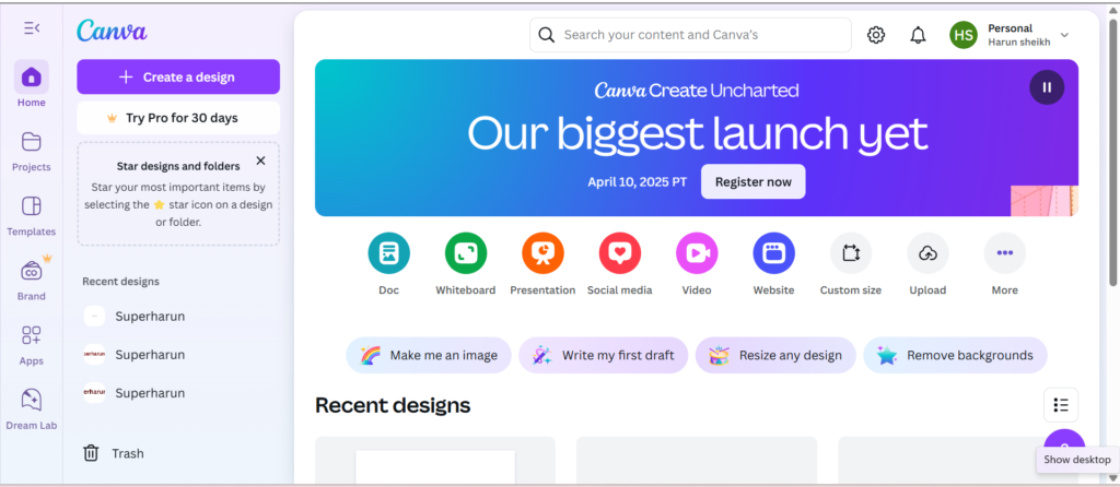 Canva vs Adobe Express. Canva dashboard.